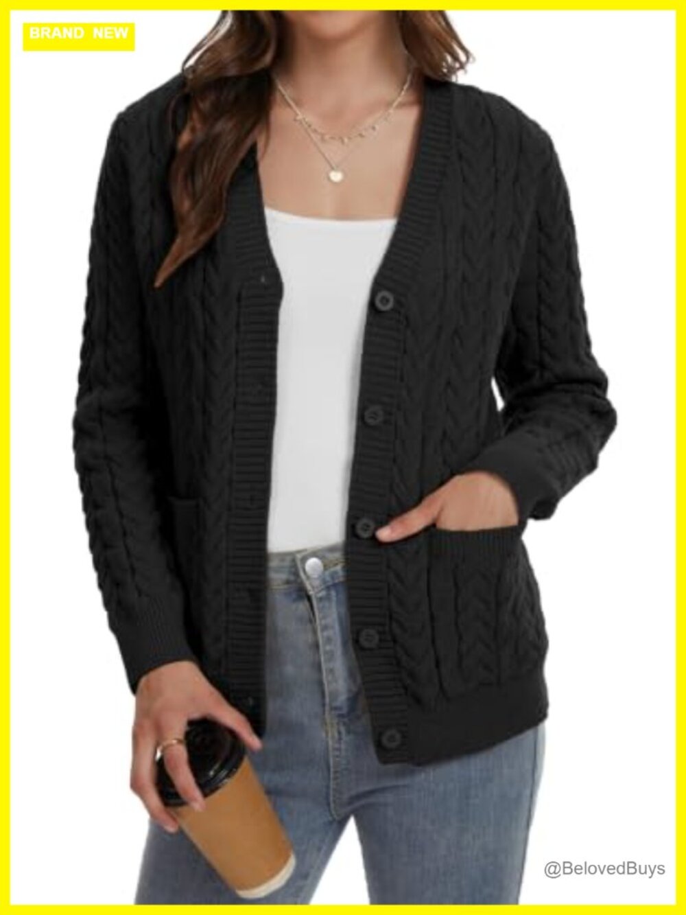 Cable Knit Open Front Cardigan Sweater Button Up V Neck Chunky with Pockets